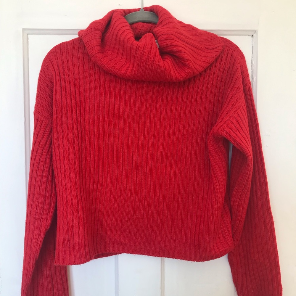 Cropped red mock neck sweater